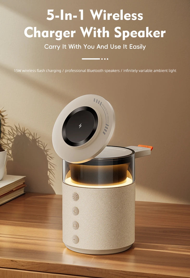 5-in-1 Magnetic Wireless Charging/ Wireless Speaker Night Light Fast Charger for iPhone iWatch AirPods With Speaker