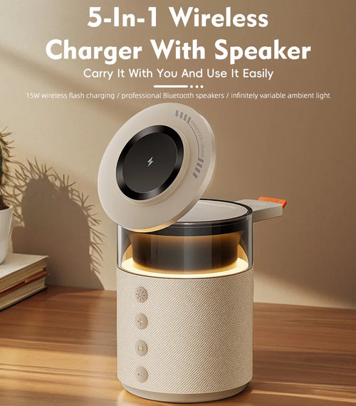 5-in-1 Magnetic Wireless Charging/ Wireless Speaker Night Light Fast Charger for iPhone iWatch AirPods With Speaker